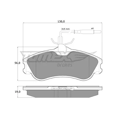 Abbildung von TOMEX brakes TX 11 12 Bremsbelagsatz Vorderachse mit integriertem Verschleißwarnkontakt PEUGEOT: 206 Schrägheck, 306 SW