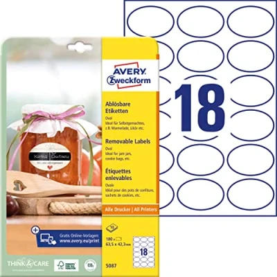 Abbildung von AVERY Zweckform 180 Flaschenetiketten selbstklebend (63, 5x42, 3 mm, Oval, Aufkleber Ideal für Einmachgläser, Gewürzgläser, Likörflaschen, Selbstgemachtes aus Der Küche, Art. 5087) 10 Blatt Weiß