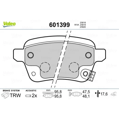 Abbildung von VALEO 601399 Bremsbelagsatz Hinterachse inkl. Verschleißwarnkontakt mit Anti Quietsch Blech Gleitschienen FIAT: 500L, Tipo Kombi, Schrägheck