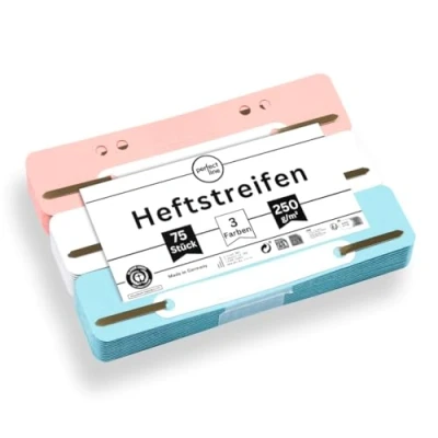 Abbildung von perfect line 75 Heftstreifen Pappe, recycling Karton, 250 g/m², 3 Farben (Weiß, Rosa, Hellblau), Made in Germany, Heftlaschen Blauer Engel zertifiziert