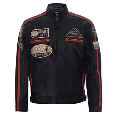 Abbildung von Infinity Leather Herren Echt Weich Rennen Schwarze Nappa Leder Motorradfahrer Jacke 2XL