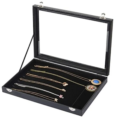 Abbildung von Sinoba Schmuckkasten Schmucklade Schmuckkästchen Schmuckbox für Ringe Ketten Ohrringe, Holz Korpus, Velours Bezug, mit Echtglas Deckel
