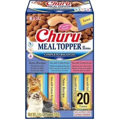 Abbildung von INABA Churu Meal Topper Katzenleckerlis Als Zusatz zum Trockenfutter, Thunfish Variety mit Taurin, Grüntee extrakt, Vitamin E 20 x 14 g