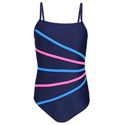 Abbildung von Aquarti Mädchen Badeanzug mit Spaghettiträgern Streifen, Farbe: Dunkelblau/Streifen Rosa Blau, Größe: 152