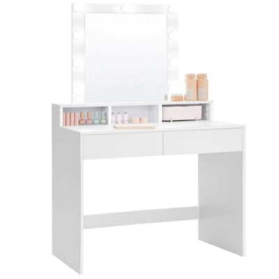Abbildung von VASAGLE Schminktisch mit LED Beleuchtung, einstellbare Helligkeit, Frisiertisch Spiegel, Kosmetiktisch 2 Schubladen und 3 offenen Fächern, Frisierkommode, modern, weiß RDT114W01