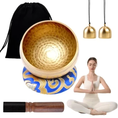 Abbildung von Klangschalen Set, 8CM Tibetisches Handgehämmertes Meditationszubehör mit Holzklöppel Klangschalenkissen und Messingglocke, Ideal für Yoga Meditation Entspannung