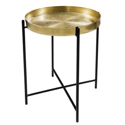 Abbildung von riess ambiente Beistelltisch CASABLANCA 50cm messing gold / schwarz · Wohnzimmertisch aus Metall (Einzelartikel, 1 St), rund abnehmbares Tablett Hammerschlag Design klappbar handmade