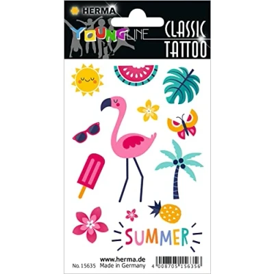 Abbildung von HERMA 15635 Temporäre Tattoos Flamingo, 13 Stück, Klebetattoos zum Aufkleben, Fake Aufkleber mit Sommer Eis Sonne Melone Motiv, Kindertattoos Sticker für Fasching Karneval Kinder Erwachsene