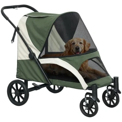 Abbildung von PawHut Hundewagen Hundebuggy klappbar für große Hunde &amp; Katzen bis 30 kg Katzenbuggy mit Kissen Netzfenstern Türen Aufbewahrungstasche Katzenwagen Sicherheitsleinen, Bremsen, Buggy Dunkelgrün