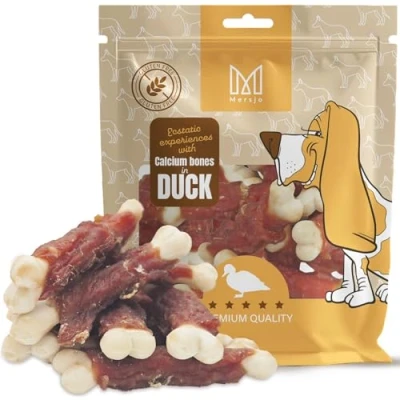 Abbildung von MERSJO Hundeleckerlis Premium Entensnack mit Kalziumknochen, Getreidefreie Hundesnacks, 500g, Luftgetrocknet