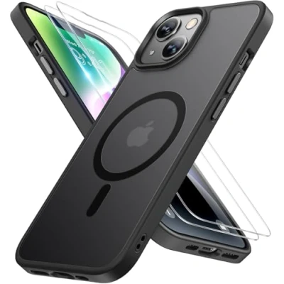 Abbildung von Miracase Magnetisch für iPhone 14 Hülle Kompatibel Mit MagSafe[mit 2 Schutzglas] Militärnorm Schutz Anti Fingerabdruck Schlanke Ausführung Handyhülle 6,1 Zoll, Schwarz