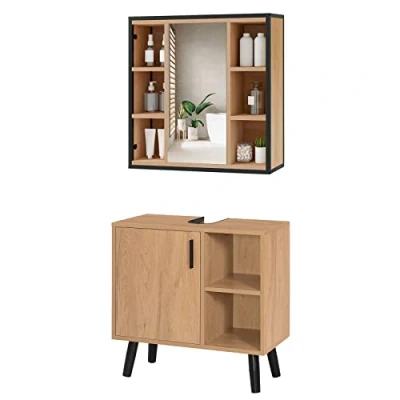 Abbildung von EUGAD Badezimmer Badmöbel Set Waschbeckenunterschrank Unterschrank Badezimmerschrank mit Spiegelschrank Metall + Holz Model 18