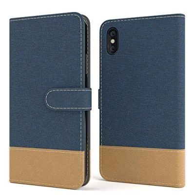 Abbildung von EAZY CASE Tasche kompatibel mit iPhone X/XS Stoff Schutzhülle Standfunktion Klapphülle im Bookstyle, Handytasche Handyhülle Flip Cover Magnetverschluss und Kartenfach, Kunstleder, Dunkelblau