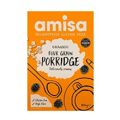 Abbildung von Amisa Bio Vierkornbrei ohne Gluten (6 x 300 g), enthält Vollkornhaferflocken, Buchweizen, Hirse und Amaranth, für Veganer geeignet