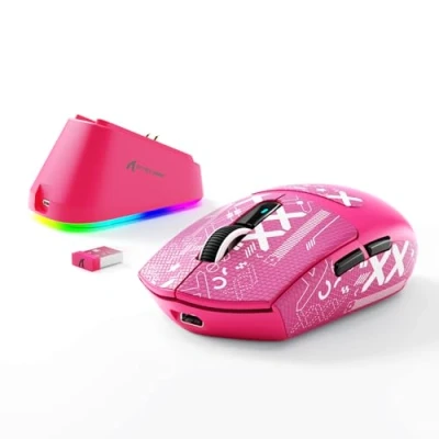 Abbildung von MAMBASNAKE x Attack Shark G3PRO Gaming Maus mit Magnetischer Ladestation, BT/2.4G Wireless/Kabel, PixArt PAW3311 Sensor, 59g leicht, 25000 DPI Lightspeed Gamer Office Mäuse, PC/Mac Berry Rot Tape