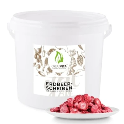 Abbildung von Getrocknete Erdbeeren 400g im Eimer gefriergetrocknete Erdbeerscheiben Premium Qualität, ohne Zuckerzusatz 100% Vollfrucht Erdbeerchips GreatVita