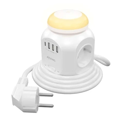 Abbildung von Regleta Con interruptor y luz nocturna aisens asps 3a1cl01 w/ 4 Tomas de corriente/1 USB tipo c/ 3 USB/Cable 1.8m/ Blanco