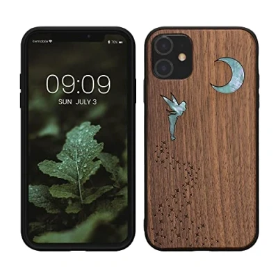 Abbildung von kwmobile Hülle kompatibel mit Apple iPhone 11 Holz Case Handy Cover TPU Handyhülle in Dunkelbraun Perlmutt Fee