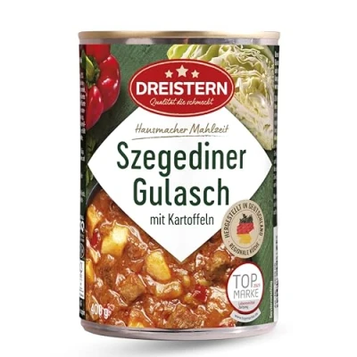Abbildung von DREISTERN Szegediner Gulasch mit Kartoffeln I leckeres Fertiggericht Sauerkraut in der praktischen recycelbaren Konservendose Qualität die schmeckt