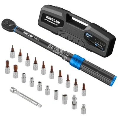 Abbildung von KRETLAW 22tlg. Drehmomentschlüssel Set, 1/4&quot; Umschaltknarre 2 24 Nm 72 Zähne Ratschenkasten, ±3% Fehlergenauigkeit mit Verlängerungen, Stecknusse, Adapter