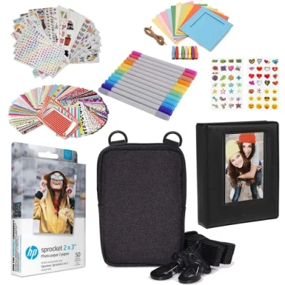 Abbildung von HP Premium Zink Fotopapier (50 Stück) mit Fotoalbum, Etui, Aufklebern, Markern