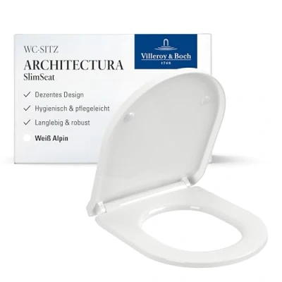 Abbildung von Villeroy &amp; Boch WC Sitz Architectura SlimSeat Toilettendeckel Weiß aus Duroplast Toilettensitz mit Edelstahl Scharnieren Ultraflacher, bruchsicherer Klodeckel D Form Original Ersatzteil