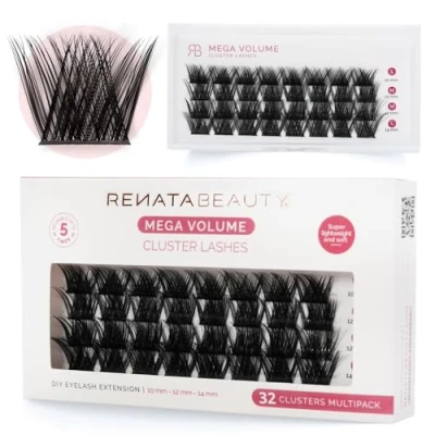 Abbildung von Renata Beauty Mega Volume Cluster Wimpern 32 Stück Multipack, Verschiedene Längen (10 14mm), Kräftige C Krümmung, Dramatischer Effekt, Einfache Anwendung, Wiederverwendbar, Ideal Voluminöse Looks