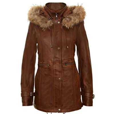 Abbildung von Infinity Leather Damen Bräunen Warme Lederjacke Abnehmbare Kapuze Parka Regenmantel 2XL
