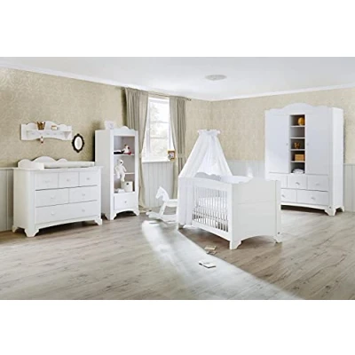Abbildung von PINOLINO Babyzimmer Kinderzimmer Möbel Set Pino breit groß, Kinderbett, großem Kleiderschrank und Wickelkommode, weiß