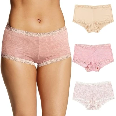 Abbildung von Maidenform Damen Boyshort Panty Pack aus Mikrofaser, eine tolle Passform, Höschen mit Spitze, 3er Pack, Latte Lift/Pink Heather/Peach Swirl, M