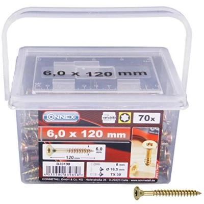 Abbildung von Connex Universalschrauben 6,0 x 120 mm Senkkopf TX Antrieb Teilgewinde Gelb verzinkt / Schrauben Set Eimer B30198 (70 Stück)