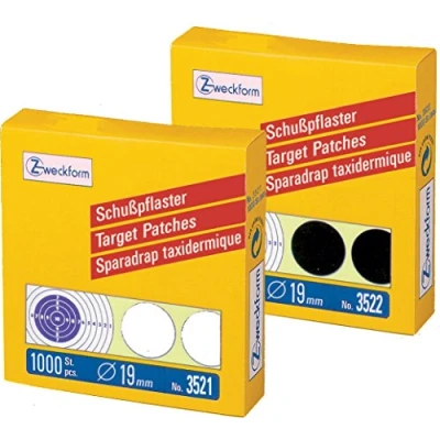 Abbildung von 2000er Pack Avery Zweckform Schusspflaster [1000 schwarz + 1000 weiß] Ø 19 mm, vorgedruckt, 2 Rollen/2.000 Etiketten