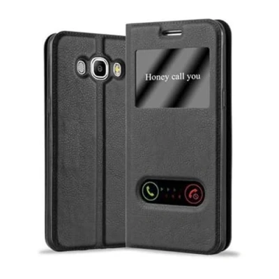 Abbildung von Cadorabo Hülle kompatibel mit Samsung Galaxy J7 2016 Sichtfenster aus Kunst Leder Flip Klappbare Magnetische [Standfunktion] [Kartenfächern] Cover für Tasche in Schwarz
