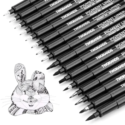 Abbildung von TWOHANDS Schwarz Fineliner Stifte, Kalligraphie Stifte Set, Pigment Liner Wasserfest, Schwarze Filzstiften für Künstler, Illustration, Skizzen, Technisches Zeichnen, 16 Stück, 21274