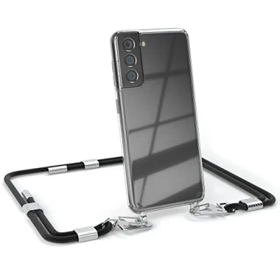 Abbildung von EAZY CASE kombinierbare Handyketten kompatibel mit Samsung Galaxy S21 5G, Transparente Silikon Hülle stylischen rundem Umhängeband, Abnehmbarer Karabiner, Umhängetasche, Schwarz Clips Silber