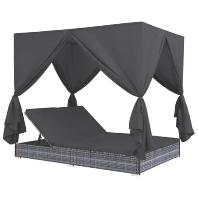 Abbildung von vidaXL Gartenliege Outdoor Lounge Bett mit Vorhängen Poly Rattan Grau