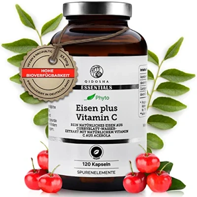 Abbildung von QIDOSHA® pflanzliches Eisen plus Vitamin C Kapseln, 120 Stk im Glas, 14mg je Kapsel aus Curryblatt Extrakt, ergänzt um Acerola Fruchtpulver, laborgeprueft, vegan
