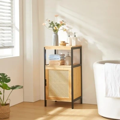 Abbildung von en.casa Badkommode, »Tervola« Midischrank 80x40x35cm Bambus/Rattanoptik Schwarz