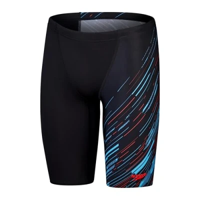 Abbildung von Speedo Hyperboom Schwimmhose mit V Schnitt Schnelltrocknend Training Fitness Chlorbeständig für Herren, Schwarz, Picton Blau, Sirenenrot, 34