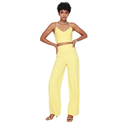 Abbildung von TRENDYOL Damen High Waist Wide Leg Pants Hose, Gelb, 42 EU