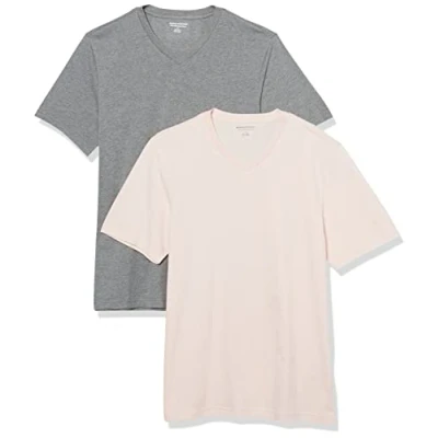 Abbildung von Amazon Essentials Herren Kurzärmelige T Shirts mit V Ausschnitt, 2er Pack, Grau Meliert/Blassrosa, L