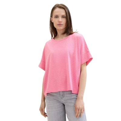 Abbildung von TOM TAILOR Damen Basic Boxy T Shirt mit Streifen, pink offwhite stripe, XXL