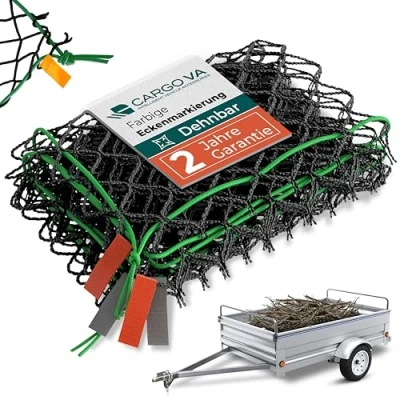 Abbildung von CargoVA® Intelligentes Anhängernetz dehnbar 1x2 bis 2x3 M elastisches Hängernetz schwarz mit Gummiseil und Eckenmarkierung für die perfekte Ladungssicherung