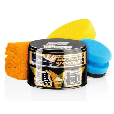 Abbildung von detailmate Wachs Set: Soft99 Extreme Gloss Wax The Kiwami Dark, Carnauba Autowachs Lackversiegelung mit Schwamm, 200g, Poliertuch 40x40cm, Handpolierschwamm