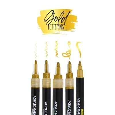 Abbildung von Online Pen Fineliner Gold Lettering, (5x goldene Metallic Acryl Stifte, deckend, Handlettering Stifte mit verschiedenen Spitzen), Fineliner, Brushpen, Marker, Kalligrafie Stift