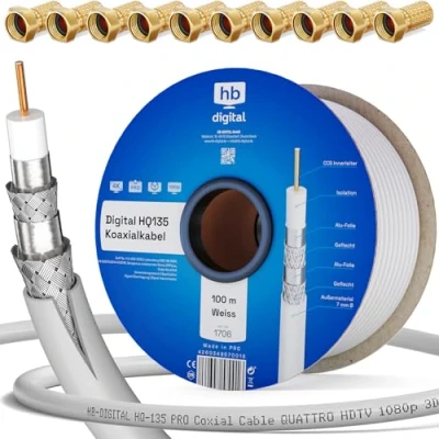 Abbildung von HB DIGITAL 100m Koaxialkabel HQ 135 Antennenkabel 135dB SAT Kabel 8K 4K UHD 4 Fach geschirmt für DVB S / S2 C C2 T T2 DAB+ Radio BK Anlagen + 10 F Stecker GRATIS