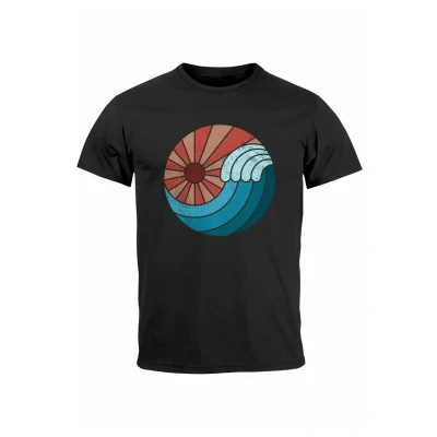 Abbildung von Neverless Welle WAVE Sonne Sommer Retro Vintage Tshirt print, Herren, Größe: XS, Schwarz