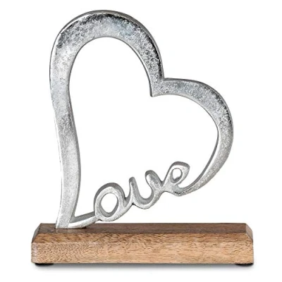 Abbildung von Levandeo® Deko Schriftzug, Aufsteller Herz Schriftzug Love H20cm Metall Silber Mango Holz