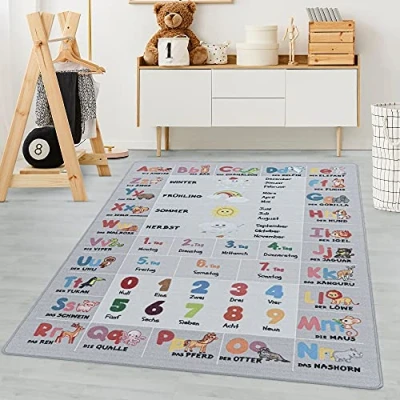 Abbildung von Carpetsale24 Kinderteppich Lernenmatte Alphabet Buchstaben Zahlen Tier Design Grau 80 x 120 cm Läufer Kurzflor Teppich Kinderzimmer für Junge &amp; Mädchen Waschbar Spielteppich Babyzimmer Babyteppich