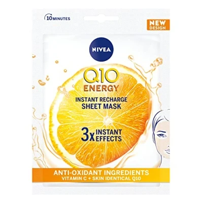 Abbildung von NIVEA Q10 + C Power Anti Falten Energieblatt Maske (1 Stück), Aging Feuchtigkeitspflege mit Vitamin C, Gesichtsmaske Coenzym Q10, Creme